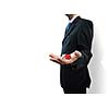 Close up of businessman throwing dice. Gambling concept