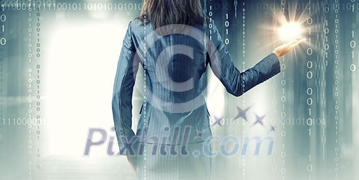 Back view of businesswoman holding earth planet in hand Back view of businesswoman holding earth planet in hand