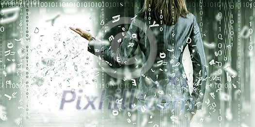 Back view of businesswoman inside a massive binary information flow Back view of businesswoman inside a massive binary information flow