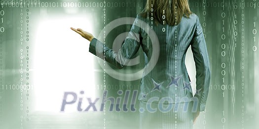 Back view of businesswoman in space with binary 1 and 0 Back view of businesswoman in space with binary 1 and 0