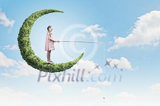 Little girl standing on moon and fishing Little girl standing on moon and fishing
