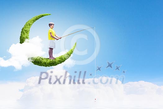 Little boy stay on moon and fishing Little boy stay on moon and fishing