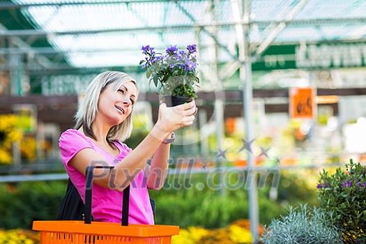 Young woman buying flowers at a garden center Young woman buying flowers at a garden center