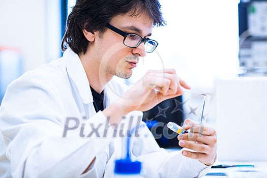 Young male researcher carrying out scientific research in a lab (shallow DOF; color toned image) Young male researcher carrying out scientific research in a lab (shallow DOF; color toned image)