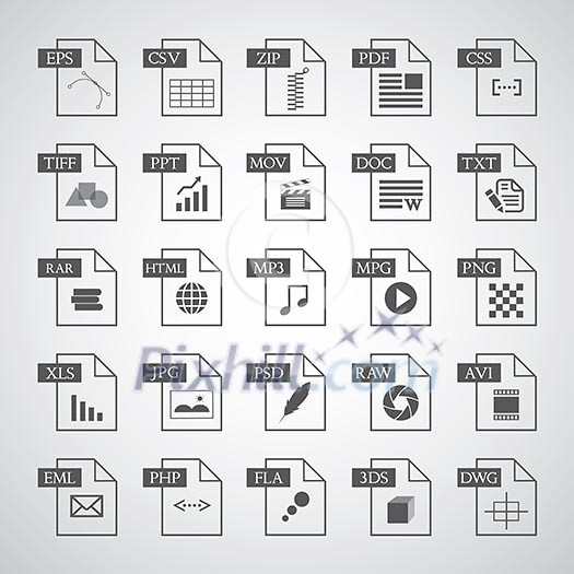 File type icon set on gray background File type icon set on gray background