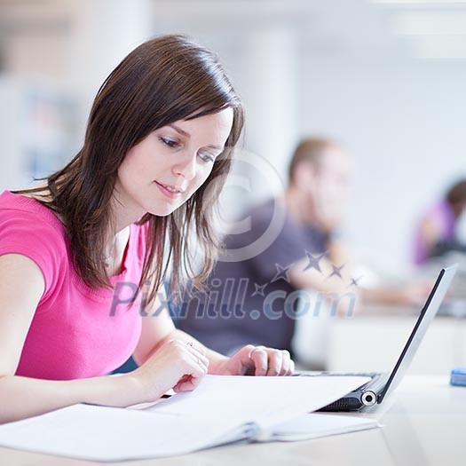 in the library - pretty female student with laptop and books working in a high school library (color toned image) in the library - pretty female student with laptop and books working in a high school library (color toned image)