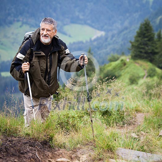 Active senior hiking in high mountains (Swiss Alps) Active senior hiking in high mountains (Swiss Alps)