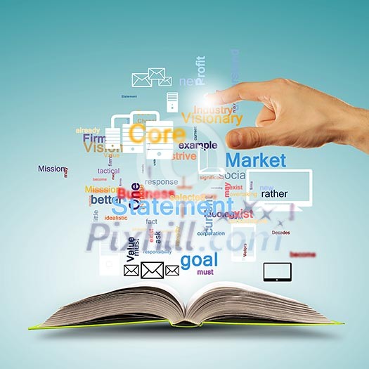 Opened book with business concept icons and hand making choice Opened book with business concept icons and hand making choice