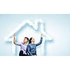 Conceptual image of young couple hugging each other and dreaming