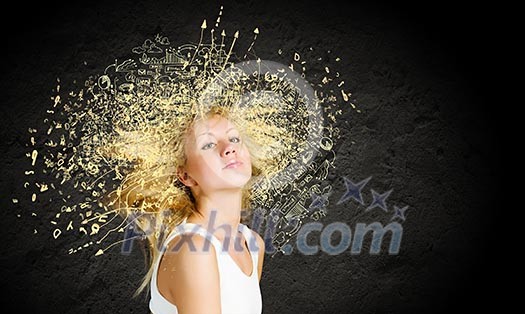 Young attractive blond girl against sketch background Young attractive blond girl against sketch background