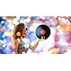 Young pretty girl dj at disco party holding vinyl