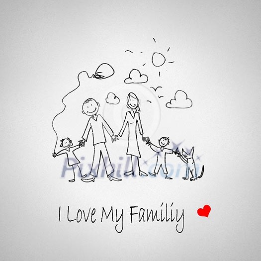Sketch funny image of happy parents and children Sketch funny image of happy parents and children