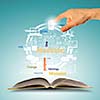 Opened book with business concept icons and hand making choice
