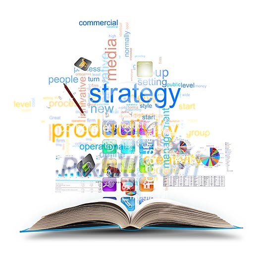 Opened book with business sketches and concept icons Opened book with business sketches and concept icons