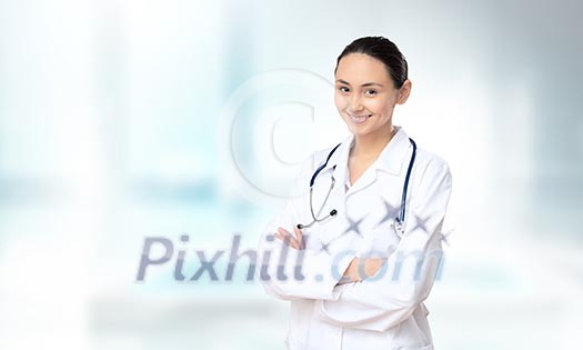 Young attractive woman doctor with stethoscope on neck Young attractive woman doctor with stethoscope on neck