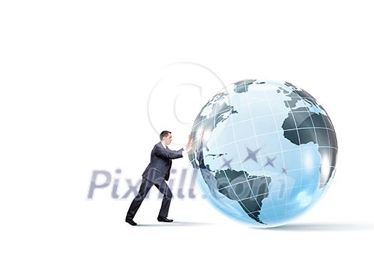Young successful businessman pushing Earth planet ball Young successful businessman pushing Earth planet ball