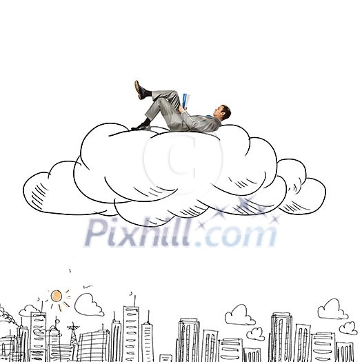 Young relaxed businessman lying on cloud and reading book Young relaxed businessman lying on cloud and reading book