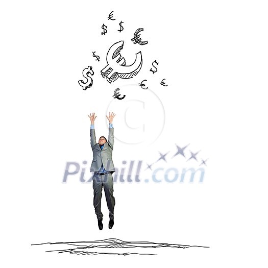 Young businessman jumping to catch euro symbols. Currency concept Young businessman jumping to catch euro symbols. Currency concept