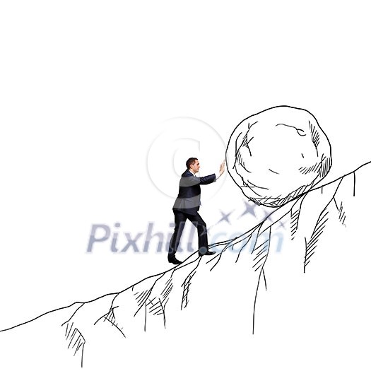 Powerful businessman rolling huge stone up on hill Powerful businessman rolling huge stone up on hill