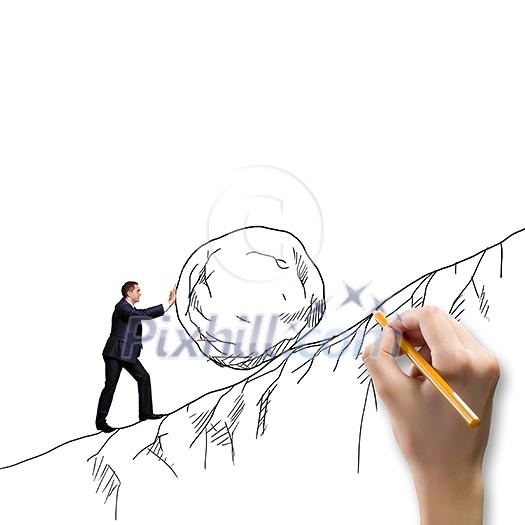 Powerful businessman rolling huge stone up on hill Powerful businessman rolling huge stone up on hill