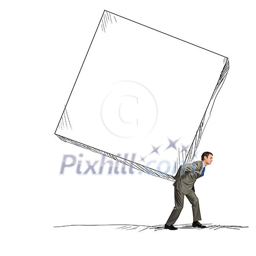 Young businessman standing on drawn graph arrow Young businessman standing on drawn graph arrow