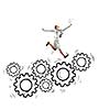 Young businesswoman jumping above hand drawn gears