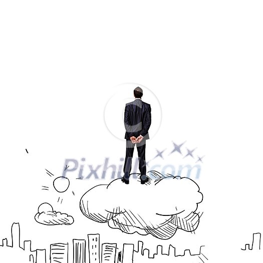 Rear view of businessman standing on cloud and looking at city Rear view of businessman standing on cloud and looking at city