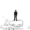 Rear view of businessman standing on cloud and looking at city