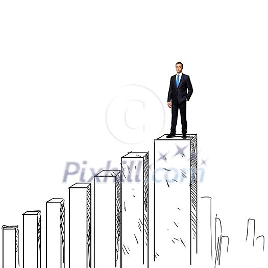 Successful businessman standing on drawn graph bars Successful businessman standing on drawn graph bars