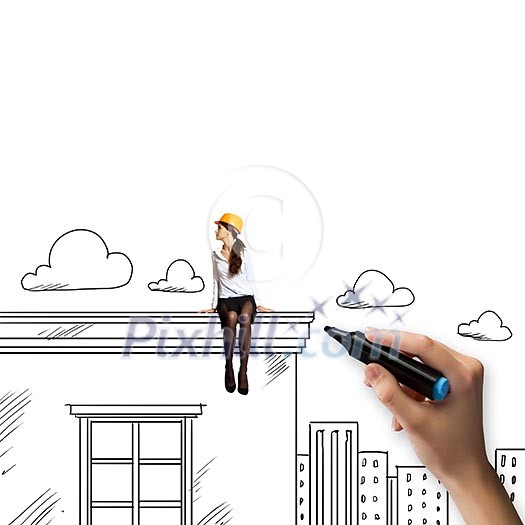 Young woman in helmet sitting on top of building Young woman in helmet sitting on top of building