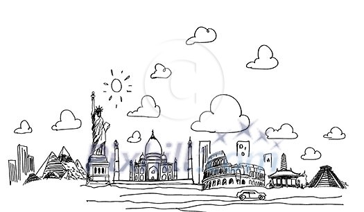 Sketch image with buildings and graphs on white Sketch image with buildings and graphs on white