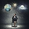 Young upset businesswoman with suitcase sitting on chair. Elements of this image are furnished by NASA