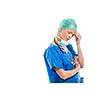Portrait of a female doctor/surgeon feeling down, exhausted, frustrated, very tired, .... on white background