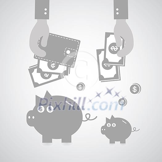 Piggy bank and wallet on gray background Piggy bank and wallet on gray background