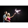 Conceptual image of young couple hugging each other and dreaming
