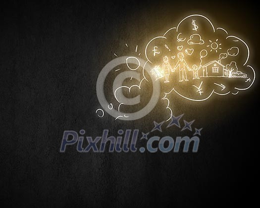 Background image with life concepts on dark wall Background image with life concepts on dark wall