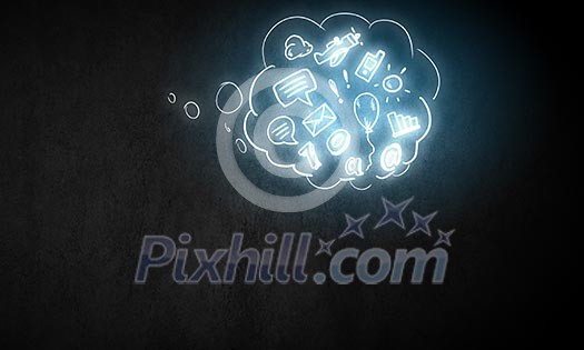 Background image with life concepts on dark wall Background image with life concepts on dark wall