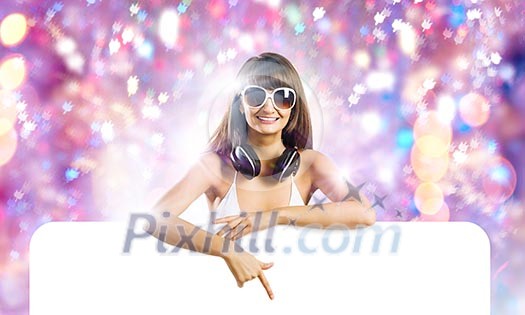 Young pretty girl in bikini with blank white banner Young pretty girl in bikini with blank white banner