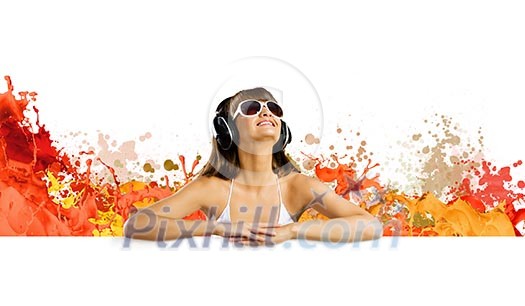 Young pretty girl in bikini with blank white banner Young pretty girl in bikini with blank white banner