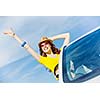 Young pretty woman leaning out of car window