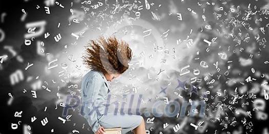 Young sitting businesswoman with waving hair. Crisis concept Young sitting businesswoman with waving hair. Crisis concept