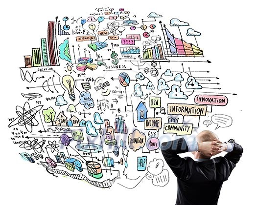 Rear view of businessman looking thoughtfully at business strategy sketch Rear view of businessman looking thoughtfully at business strategy sketch