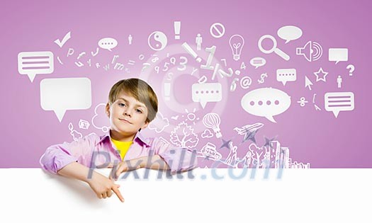 Image of little cute with blank banner against color background Image of little cute with blank banner against color background