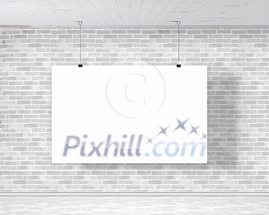 Blank white banner hanging on wall. Place for text Blank white banner hanging on wall. Place for text