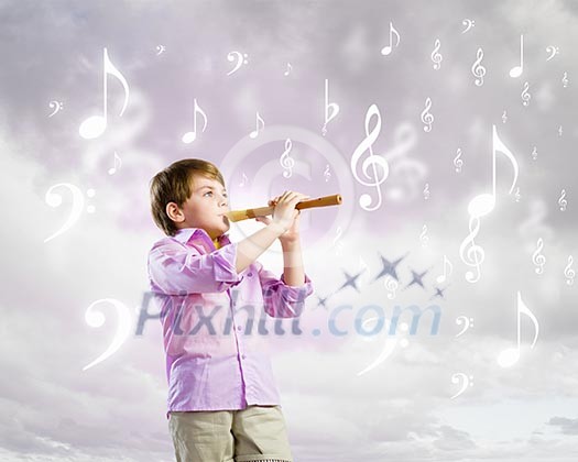 Image of little cute boy playing on flute against cloudy background Image of little cute boy playing on flute against cloudy background