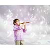 Image of little cute boy playing on flute against cloudy background