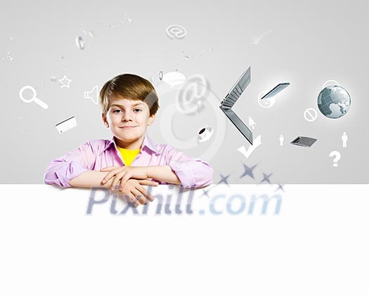 Image of little cute with blank banner against color background Image of little cute with blank banner against color background