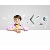 Image of little cute with blank banner against color background