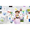Image of cute boy holding photo camera standing among photos