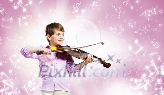 Image of little cute boy playing on violin against color background Image of little cute boy playing on violin against color background